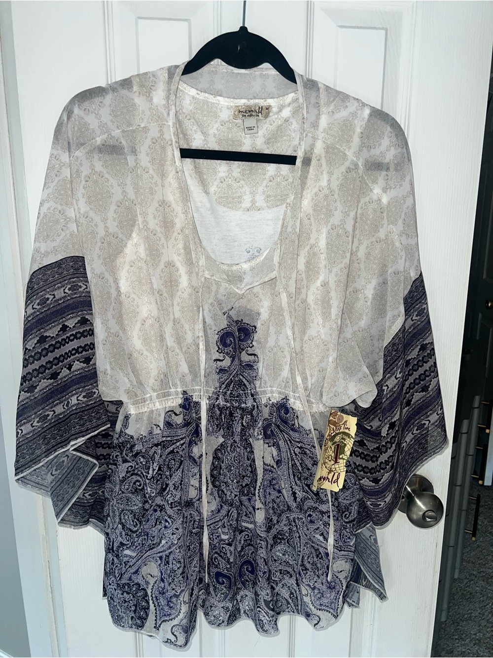 ONE WORLD Sheer Paisley Tie-Waist Tunic - White & Navy. Make offer.